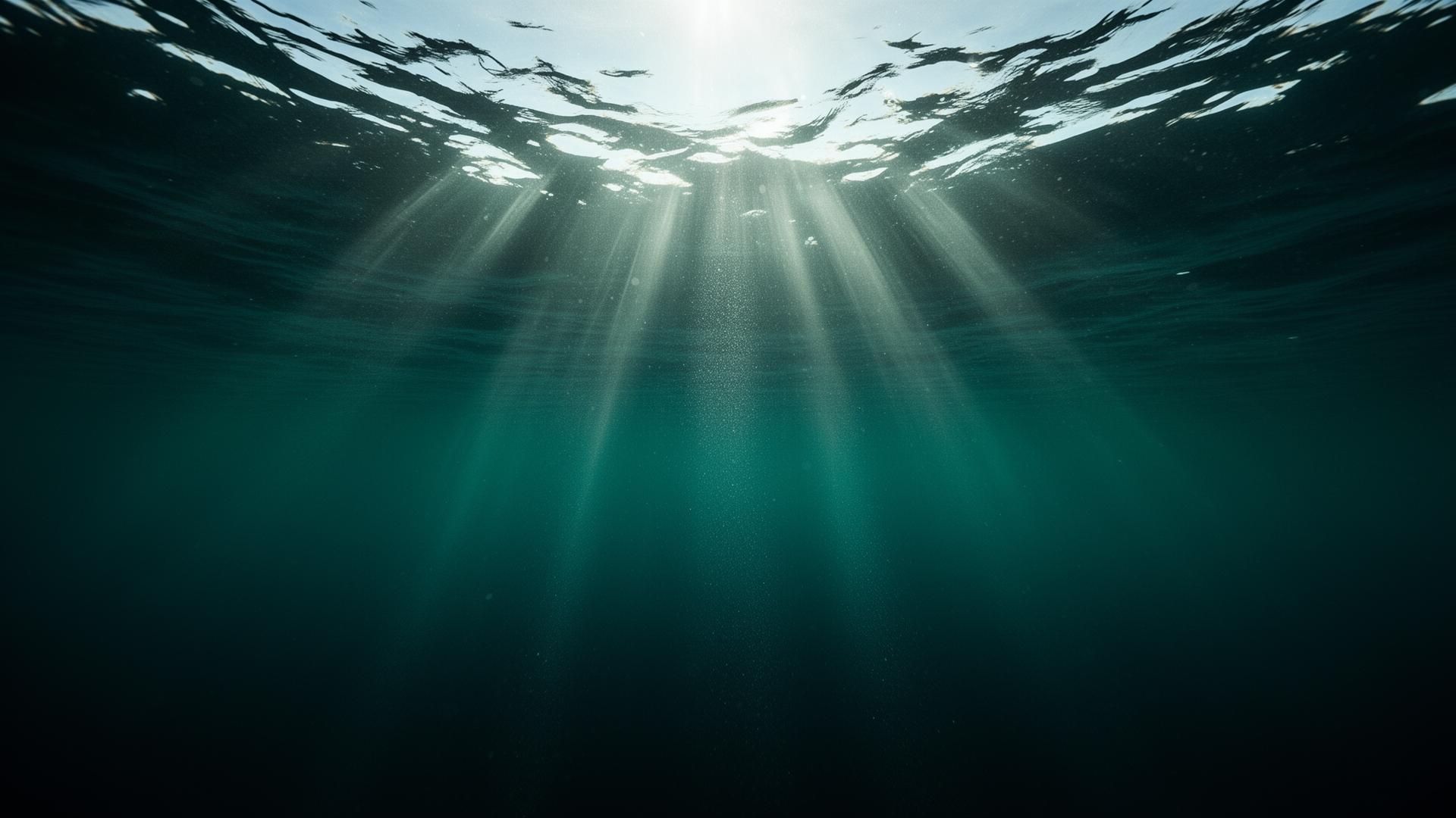 Deep ocean looking up towards shafts of sunlight piercing the surface