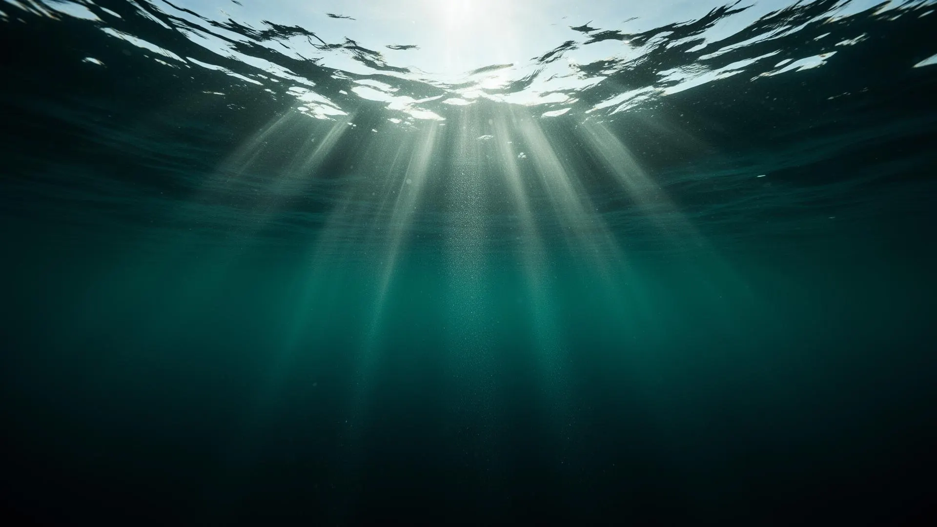 Deep ocean looking up towards shafts of sunlight piercing the surface